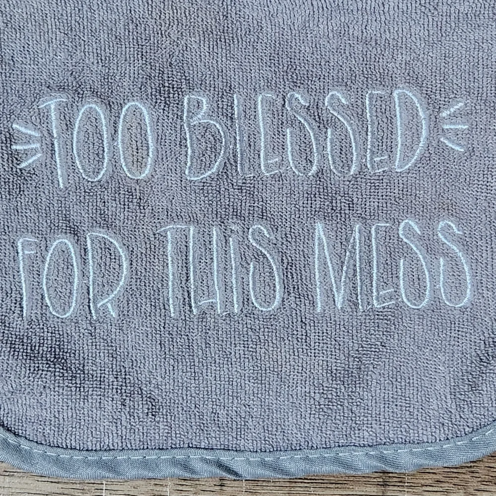 The Peanutshell Too Blessed For This Mess Unisex Terry Bib Gray White
